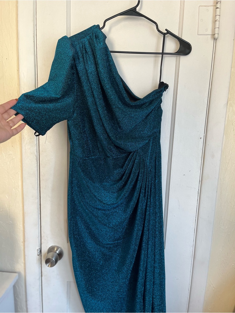 SHEIN Teal One-Shoulder Glitter Draped Dress